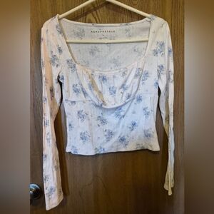 Aeropostale Long Sleeve Dainty Floral Ruched Pointelle Top Soft Crop Cottagecore